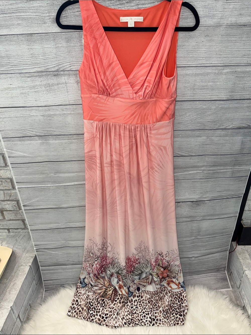 Boston Proper Coral to Blush Ombre Maxi Dress with Tropical Border